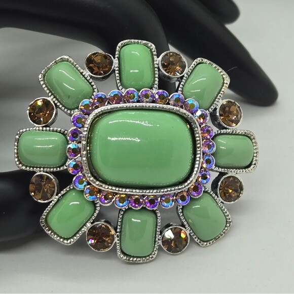 Joan Rivers Jade Green and Amber Tone AB Stone Brooch Pin Silver-tone - Picture 3 of 7